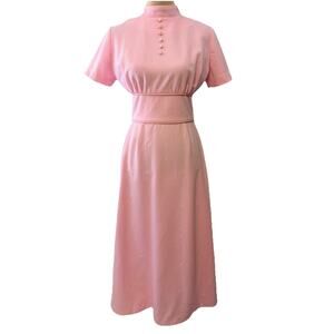 Vintage 70s Dress Baby Pink Empire Waist Midi Mod Floral Mock Neck Medium 1970
